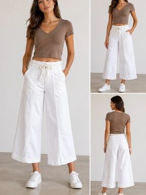 Hudson Wide Leg Front Seam White Ankle Crop Jeans with Attached Tie – Size 8💛